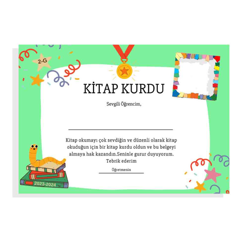 Kitap Kurdu Belgesi Resimli - Okuma Başarısı Ödülü Kitap Kurdu Belgesi, resimli öğrenci başarı belgesi, kitap sevgisi ödülü