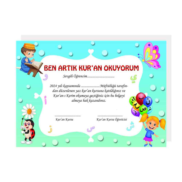 Artık Kur'an Okuyorum Belgesi, öğrenci belgesi, Kuran okuma belgesi, ödül belgesi  