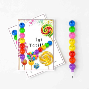 Gülen Yüz Yumurtlayan Kalem ve Lolipop Tasarımlı İyi Tatiller Karne Hediyesi Gülen Yüz Yumurtlayan Kalem ve Lolipop Tasarımlı İyi Tatiller Karne Hediyesi