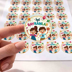 İyi Bayramlar Yazılı 15'li Yuvarlak Sticker Seti - 4 cm Bayram Hediyesi ve Hediyelik Etiketi