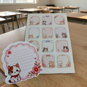 Kedi Figürlü Yapışkanlı Not Etiketi Seti - Çizgili Yazı Alanlı Memo Sticker Not Kağıtları (12 Tasarım)