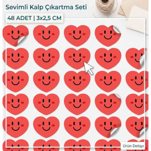 Sevimli Gülen Yüz Kalp Çıkartma Seti - 48 Adet (3x2,5 cm) Sevimli Gülen Yüz Kalp Çıkartma Seti - 48 Adet (3x2,5 cm)