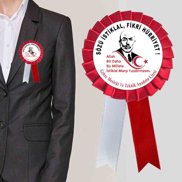 Mehmet Akif Ersoy Anma ve Tören Kokartı mehmet-akif-ersoy-siluetli-istiklal-marsi-yazili-kirmizi-beyaz-kurdeleli-okul-kokarti