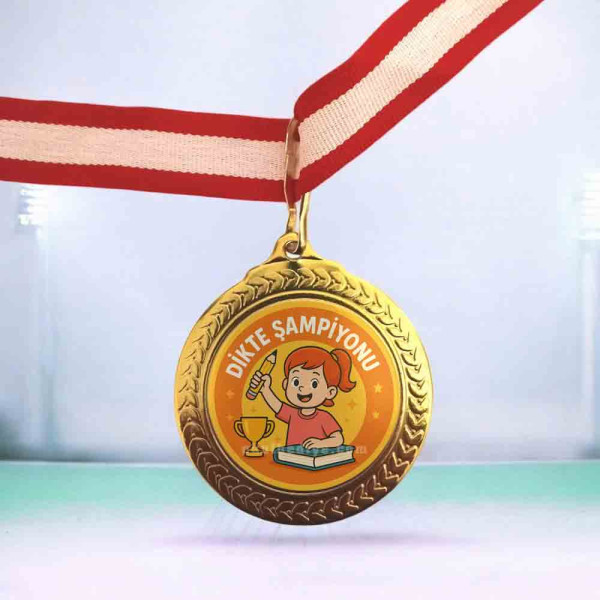 Dikte Şampiyonu Başarı Madalyası (Kız Öğrenci Figürlü) kirmizi-beyaz-kurdeleli-altin-renk-kalem-tutan-kiz-ogrenci-figurlu-dikte-sampiyonu-yazili-okul-madalyasi