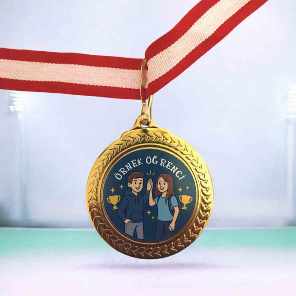 "Örnek Öğrenci" Ortaokul/Lise Davranış ve Başarı Madalyası kirmizi-beyaz-kurdeleli-altin-renk-lacivert-zeminli-genclik-figurlu-ornek-ogrenci-yazili-okul-madalyasi