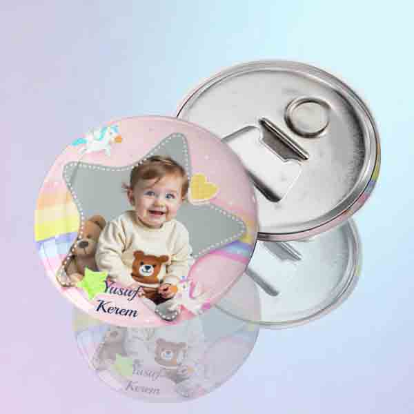 Kişiye Özel Fotoğraflı Bebek Magnet Açacak Tasarımı fotograf-alanli-ayicik-ve-yildiz-figurli-renkli-bebek-temali-magnet-acacak