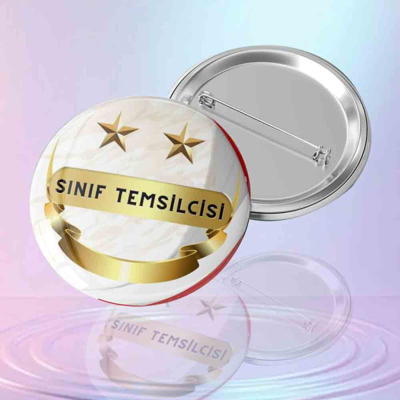 Mavi-beyaz temalı okul rozeti üzerinde Sınıf Temsilcisi yazılı öğrenci liderlik rozeti