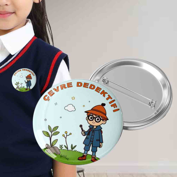 Ayın değerli öğrencisi, çevre dedektifi ve çevre koruyucuları yazılı figürlü buton rozet modelleri