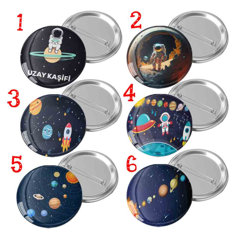 Uzay, Astronot ve Gezegen Tasarımlı Buton Rozet Modelleri uzay-ve-astronot-temali-igneli-buton-rozet