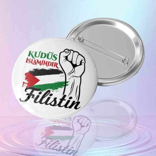 Yumruk Figürü, Filistin Bayrağı Fırça Deseni ve Kudüs İslamındır Yazılı İğneli Metal Buton Rozet kudus-islamindir-yumruk-desenli-igneli-buton-rozet-filistin-bayrakli-rozet