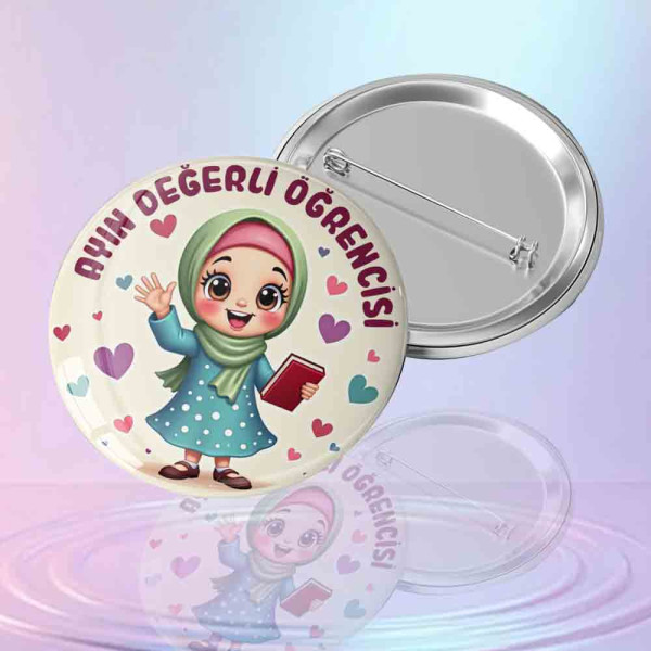 Ayın Değerli Öğrencisi Rozeti - Öğrenci davranış ödülü için mavi ve sarı tonlarda metal rozet