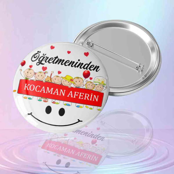 "Öğretmeninden Kocaman Aferin" Motivasyon Rozeti Tasarımı gulen-surat-ve-cocuk-figurli-ogretmeninden-kocaman-aferin-yazili-metal-motivasyon-rozeti