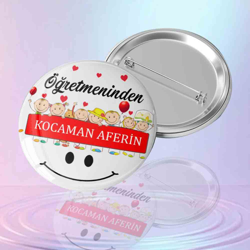 "Öğretmeninden Kocaman Aferin" Motivasyon Rozeti Tasarımı gulen-surat-ve-cocuk-figurli-ogretmeninden-kocaman-aferin-yazili-metal-motivasyon-rozeti
