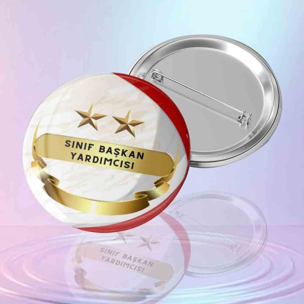 Mavi-beyaz temalı okul rozeti üzerinde Sınıf Başkan Yardımcısı yazılı öğrenci yönetim rozeti