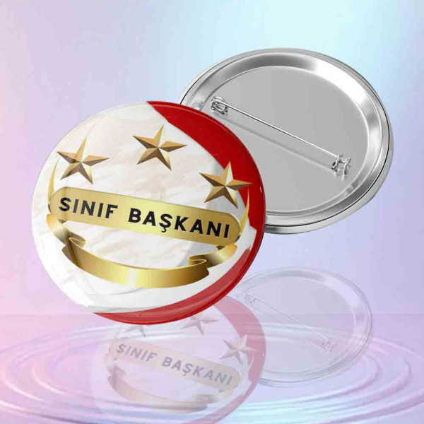 Mavi-beyaz temalı okul rozeti üzerinde Sınıf Başkanı yazılı öğrenci liderlik rozeti