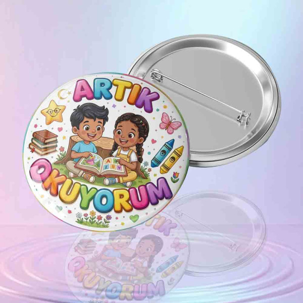 Artık Okuyorum Başarı Motivasyon Rozeti Tasarımı kitap-okuyan-neseli-cocuk-figurli-artik-okuyorum-yazili-renkli-metal-yaka-rozeti