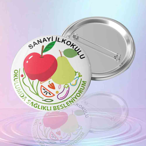 Okullara Özel Sağlıklı Beslenme Motivasyon Rozeti Tasarımı sanayi-ilkokulu-yazili-elma-ve-armut-figurli-okulumda-saglikli-besleniyorum-temali-metal-rozet